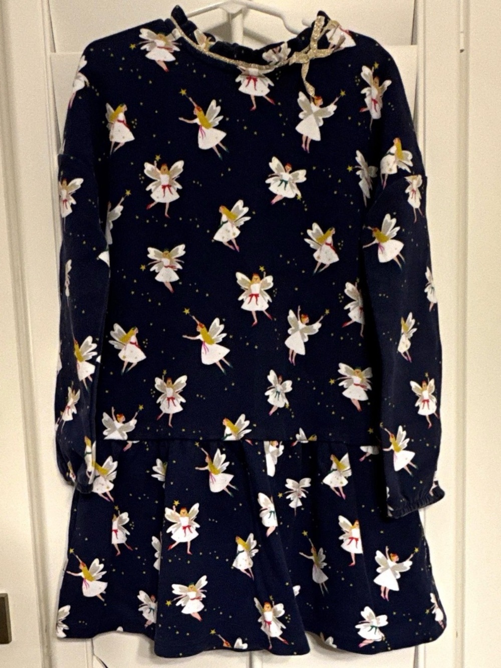 Mini Boden Girls 9-10Y Navy Fairy Print Fit & Flare Dress Long Sleeve Bow